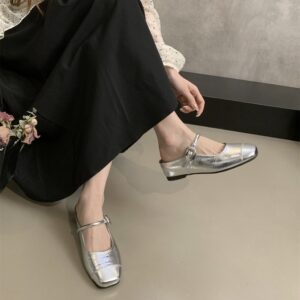 Retro Square-Toe Mary Jane Mules Metal Buckle Low-Heel Covered-Toe Sandals