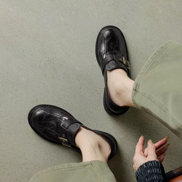 Vintage Buckle Leather Loafers - Elegant Low - Heel Shoes