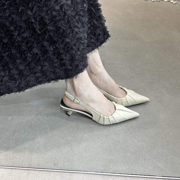 Retro Pleated Pointed-Toe Open-Back Pumps Slim-Heel French-Style Commuter Heels